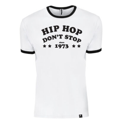 Akepele Apparel - Hip Hop Don't Stop graphic. White with black ringer tee.
