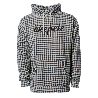 Akepele Apparel Houndstooth pullover hoodie with script logo.