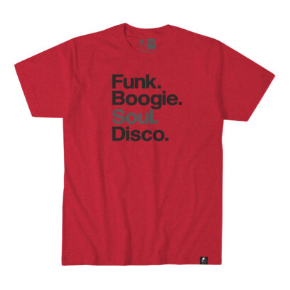 Akepele Apparel - Funk Boogie Soul Disco design. Red tee with black letters. Flat image.