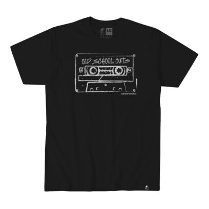 Old School Cuts cassette design sketch, black tee - Akepele Apparel. Flat tee