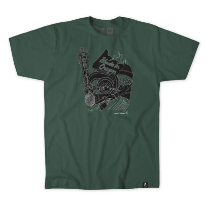 Jay Eakin x Akepele PDX Culture Tee graphic. Black and White collage of Portland Landmarks. Forest Green tee_flat