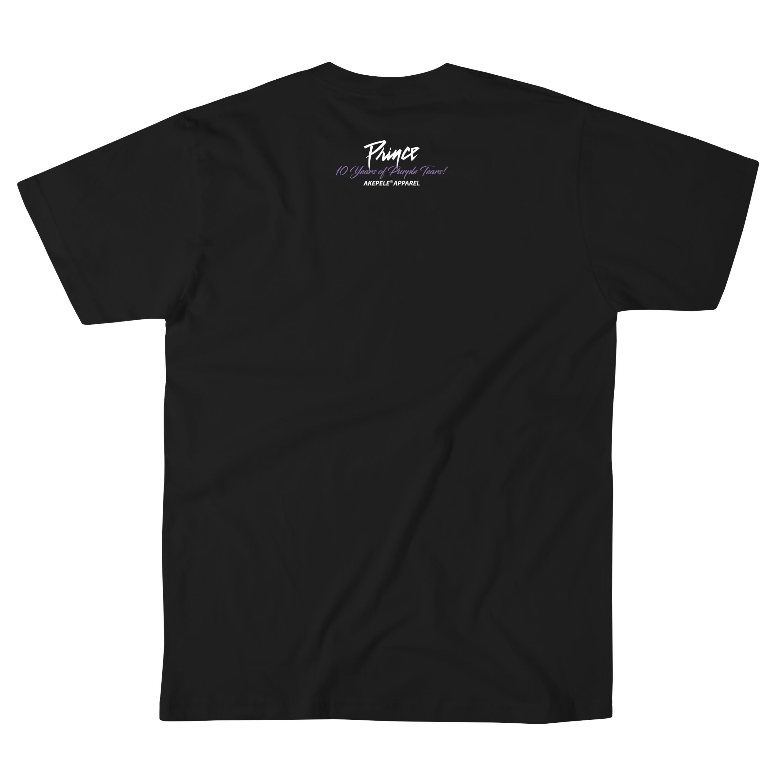 Back graphic, Prince 10 years of purple tears, with Akepele Apparel branding.